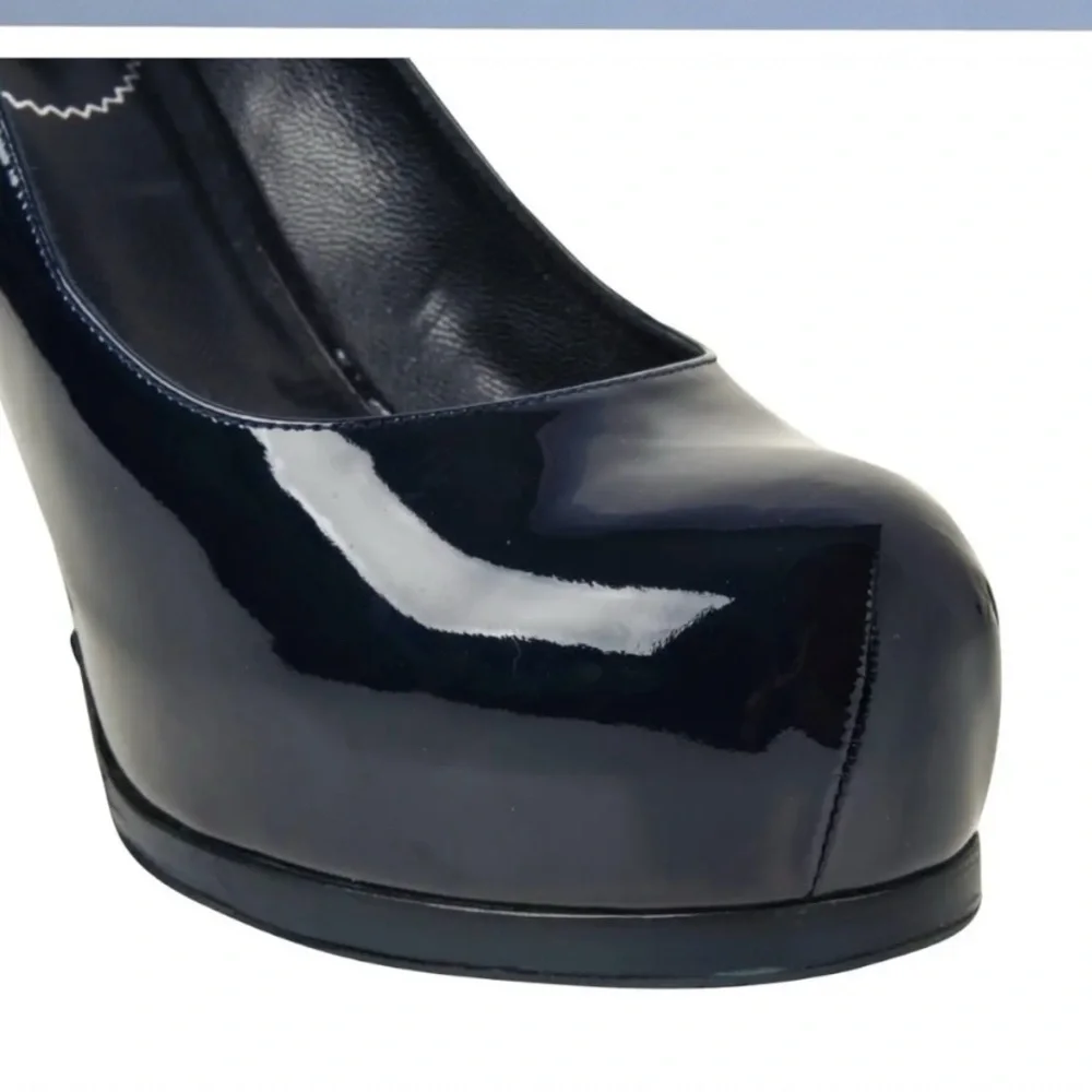 SAINT LAURENT Tribtoo 80 Patent Navy Blue Leather Heel Round Toe Pumps Size 40 - Picture 14 of 16